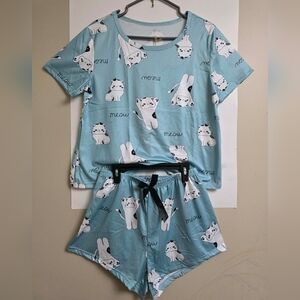 New Pajama Set, Cute Cat Print Pajama Set For Women, Medium Size, 2 Pcs